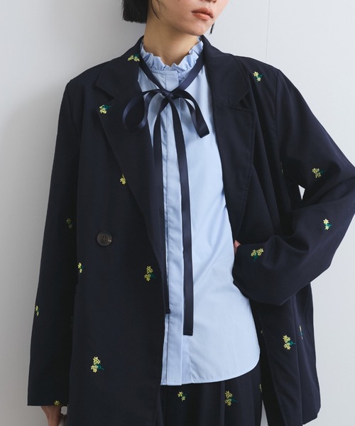 セール】ツイルフラワー刺繍ジャケット≪手洗い可能≫（テーラード