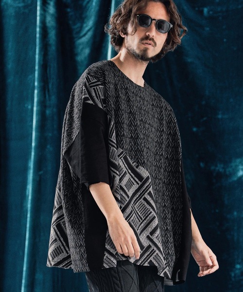 ANGENEHM（アンゲネーム）の「mt9527-Geometric jacquard fabric switching design oversized T-shirt Tシャツ（Tシャツ/カットソー・メンズ・ブラック/オートミール・S/M/L）」の10枚目の写真