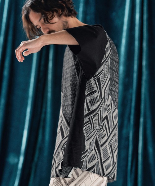 ANGENEHM（アンゲネーム）の「mt9527-Geometric jacquard fabric switching design oversized T-shirt Tシャツ（Tシャツ/カットソー・メンズ・ブラック/オートミール・S/M/L）」の11枚目の写真