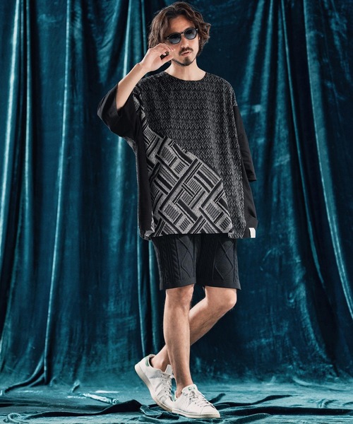 mt9527-Geometric jacquard fabric switching design oversized T