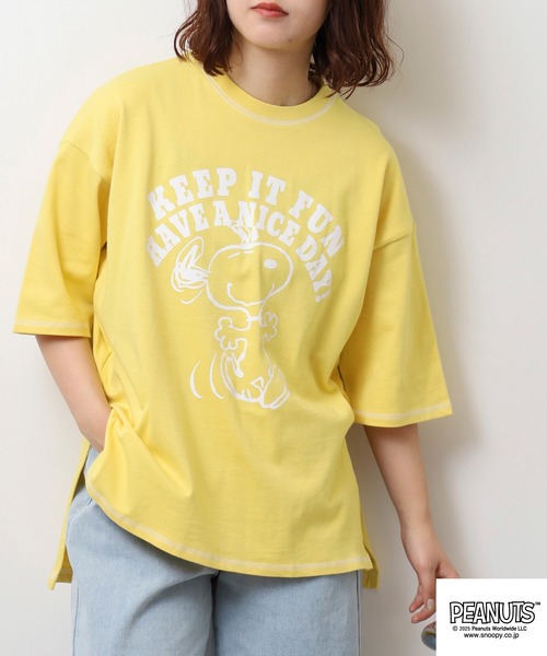 PEANUTS(ピーナッツ)の「PEANUTS ステッチ配色へビーウエイトトロップショルダーTシャツ(Tシャツ/カットソー・メンズ・ネイビー/イエロー/ピンク系・M/L/LL)」の14枚目の写真