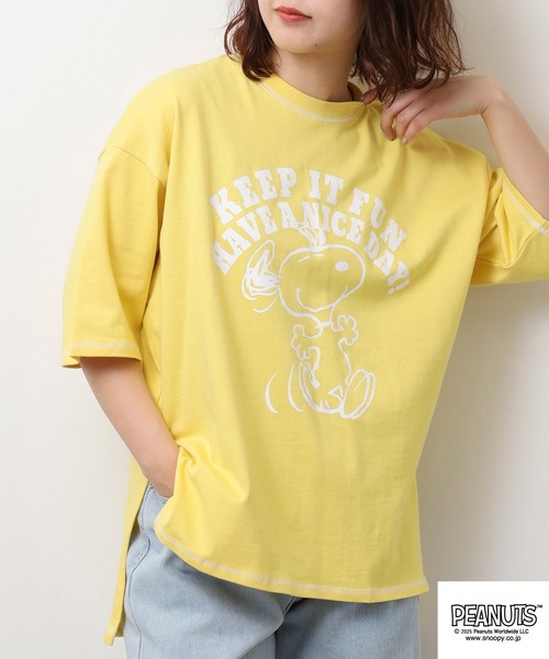 PEANUTS(ピーナッツ)の「PEANUTS ステッチ配色へビーウエイトトロップショルダーTシャツ(Tシャツ/カットソー・メンズ・ネイビー/イエロー/ピンク系・M/L/LL)」の15枚目の写真