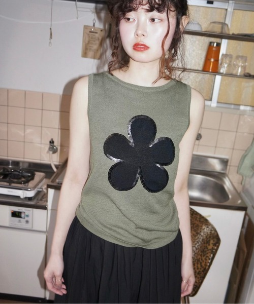 flower motif spangle sleeve-less NT / スパンコールフラワー