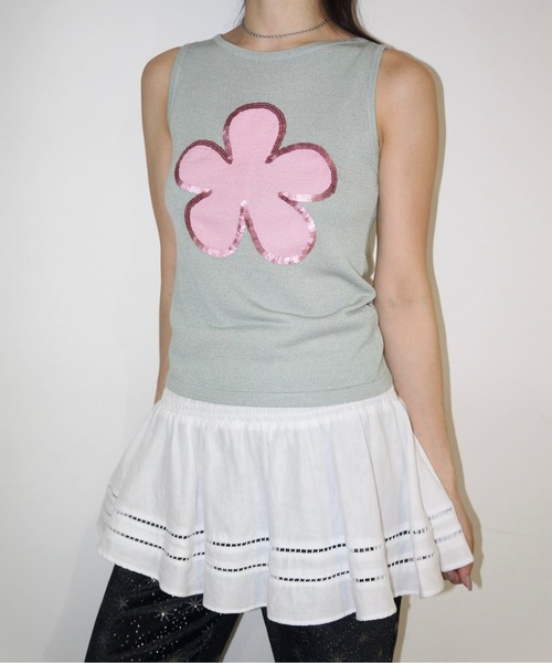 flower motif spangle sleeve-less NT / スパンコールフラワー