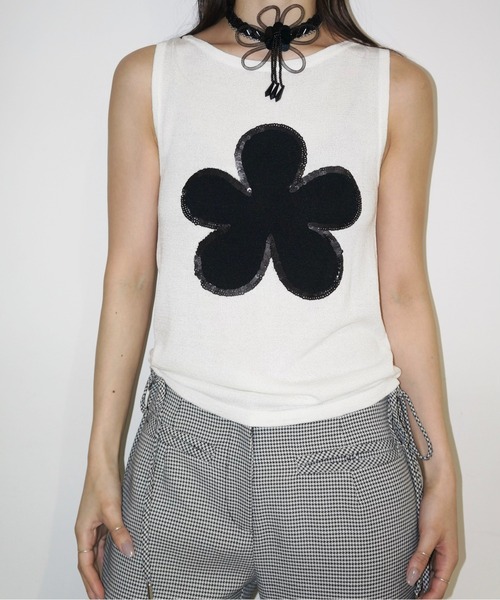 トップス Flower flower motif spangle sleeve-less NT / スパンコールフラワー