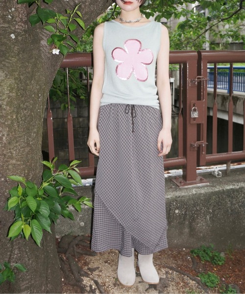 flower motif spangle sleeve-less NT / スパンコールフラワー