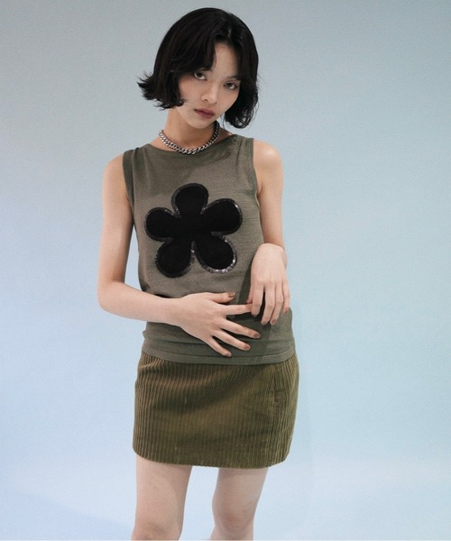 ★SANDROT★麻 フラワー タンクトップ ドレス flower motif spangle sleeve-less NT / スパンコールフラワー