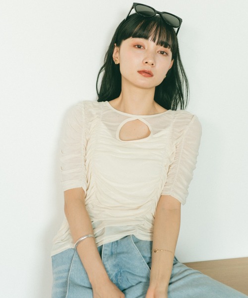 VANNIE U（ヴァニーユー）の「ギャザーチュールシアートップス（Tシャツ/カットソー・レディース・アイボリー/ブラック/ピンク・FREE）」の18枚目の写真