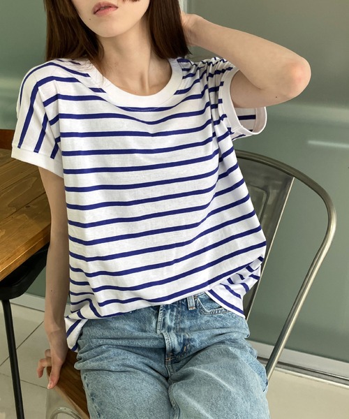 GLAMOROUS JANE(グラマラスジェーン)の「ボーダーフレンチスリーブTシャツ(Tシャツ/カットソー・レディース・ブラック×ホワイト/ホワイト×ブラック/ホワイト×ネイビー・M)」の3枚目の写真
