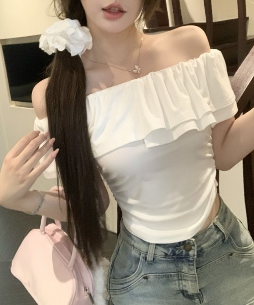 Mejoul(メジュール)の「フリルオフショルコンパクト半袖トップス(Tシャツ/カットソー・レディース・ピンク/ホワイト/ブラック/ブルー・M/S/L)」の17枚目の写真