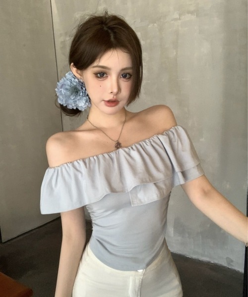 Mejoul(メジュール)の「フリルオフショルコンパクト半袖トップス(Tシャツ/カットソー・レディース・ピンク/ホワイト/ブラック/ブルー・M/S/L)」の7枚目の写真