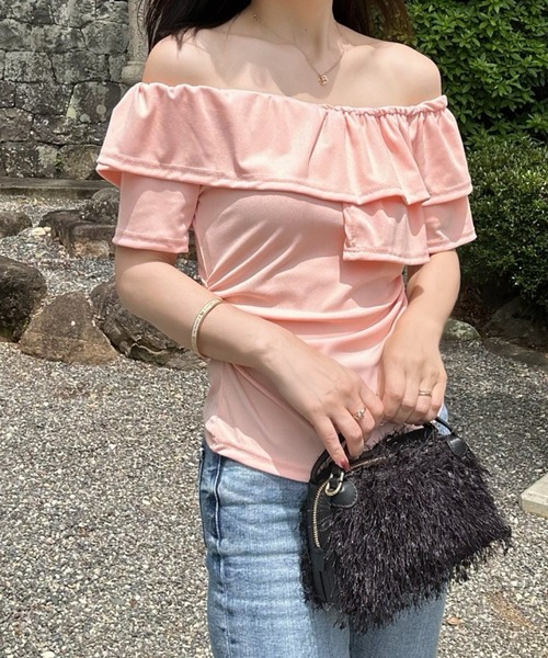 Mejoul(メジュール)の「フリルオフショルコンパクト半袖トップス(Tシャツ/カットソー・レディース・ピンク/ホワイト/ブラック/ブルー・M/S/L)」の18枚目の写真