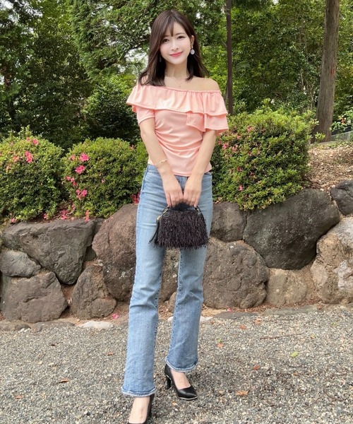 Mejoul(メジュール)の「フリルオフショルコンパクト半袖トップス(Tシャツ/カットソー・レディース・ピンク/ホワイト/ブラック/ブルー・M/S/L)」の20枚目の写真