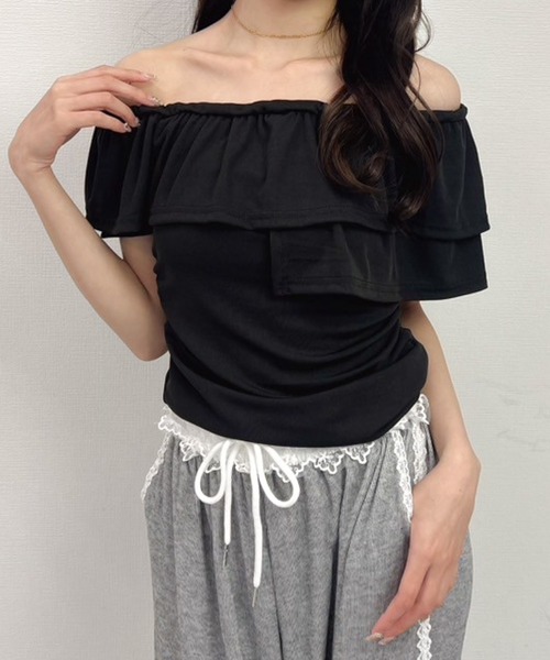 Mejoul(メジュール)の「フリルオフショルコンパクト半袖トップス(Tシャツ/カットソー・レディース・ピンク/ホワイト/ブラック/ブルー・M/S/L)」の22枚目の写真
