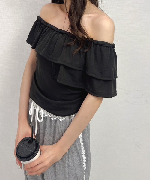 Mejoul(メジュール)の「フリルオフショルコンパクト半袖トップス(Tシャツ/カットソー・レディース・ピンク/ホワイト/ブラック/ブルー・M/S/L)」の21枚目の写真