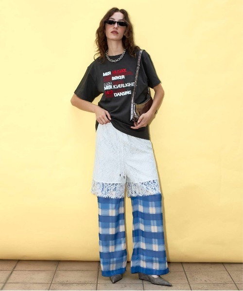 Side Pico Lace Sheer Plaid Pants/サイドピコレースシアー