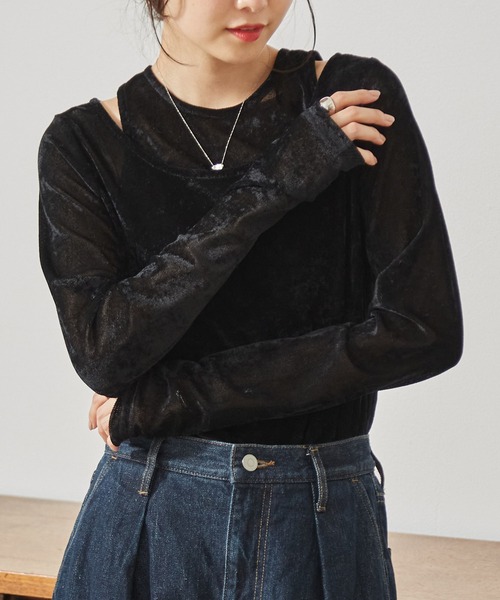 RANAN(ラナン)の「2WAYレイヤードシアーベロアトップス(Tシャツ/カットソー・レディース・アイボリー/ブラック・M/L/LL)」の2枚目の写真
