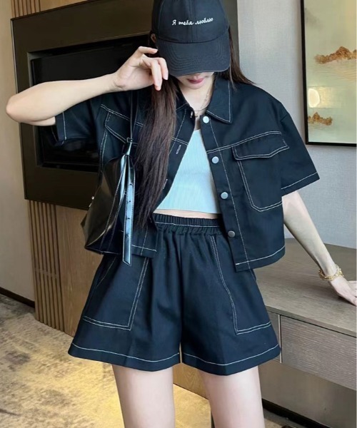 kirakiraShop(キラキラショップ)の「ステッチ 半袖 シャツ ジャケット+ショートパンツ セットアップ(セットアップ・レディース・ブラック/カーキ/アイボリー・FREE)」の3枚目の写真
