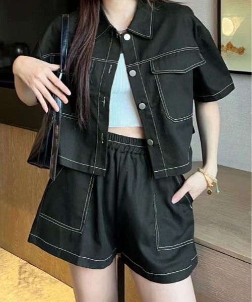 kirakiraShop(キラキラショップ)の「ステッチ 半袖 シャツ ジャケット+ショートパンツ セットアップ(セットアップ・レディース・ブラック/カーキ/アイボリー・FREE)」の4枚目の写真
