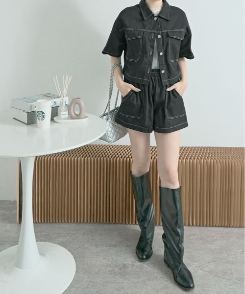 kirakiraShop(キラキラショップ)の「ステッチ 半袖 シャツ ジャケット+ショートパンツ セットアップ(セットアップ・レディース・ブラック/カーキ/アイボリー・FREE)」の8枚目の写真
