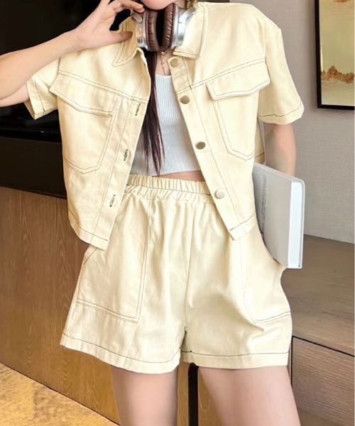 kirakiraShop(キラキラショップ)の「ステッチ 半袖 シャツ ジャケット+ショートパンツ セットアップ(セットアップ・レディース・ブラック/カーキ/アイボリー・FREE)」の9枚目の写真