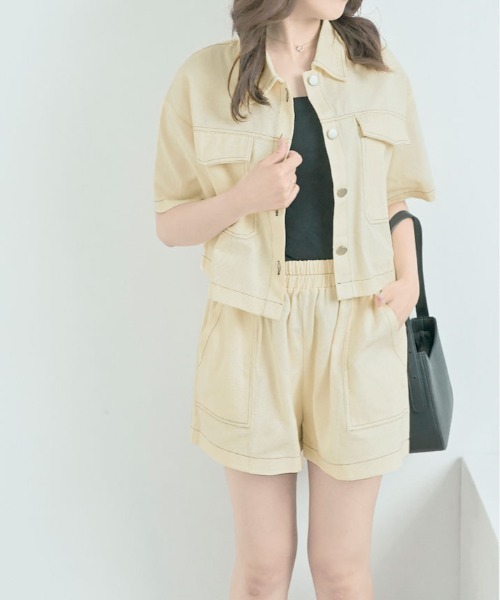 kirakiraShop(キラキラショップ)の「ステッチ 半袖 シャツ ジャケット+ショートパンツ セットアップ(セットアップ・レディース・ブラック/カーキ/アイボリー・FREE)」の11枚目の写真