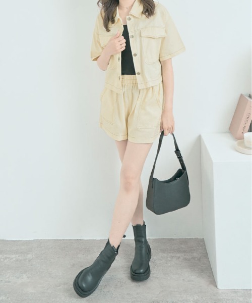 kirakiraShop(キラキラショップ)の「ステッチ 半袖 シャツ ジャケット+ショートパンツ セットアップ(セットアップ・レディース・ブラック/カーキ/アイボリー・FREE)」の13枚目の写真