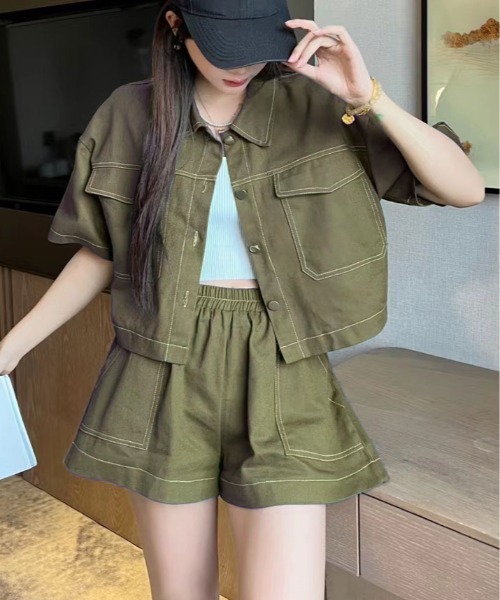 kirakiraShop(キラキラショップ)の「ステッチ 半袖 シャツ ジャケット+ショートパンツ セットアップ(セットアップ・レディース・ブラック/カーキ/アイボリー・FREE)」の14枚目の写真