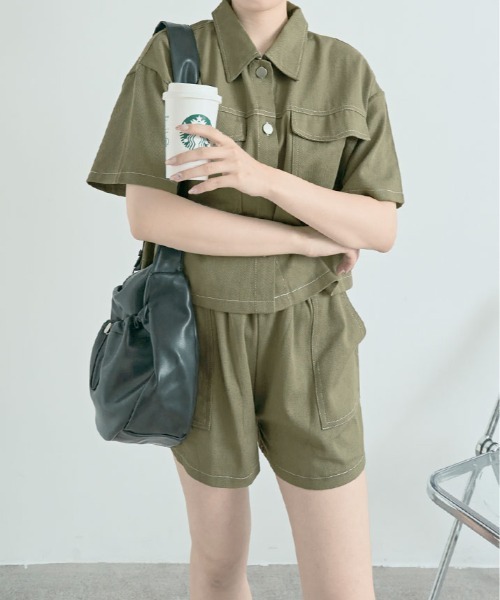 kirakiraShop(キラキラショップ)の「ステッチ 半袖 シャツ ジャケット+ショートパンツ セットアップ(セットアップ・レディース・ブラック/カーキ/アイボリー・FREE)」の16枚目の写真
