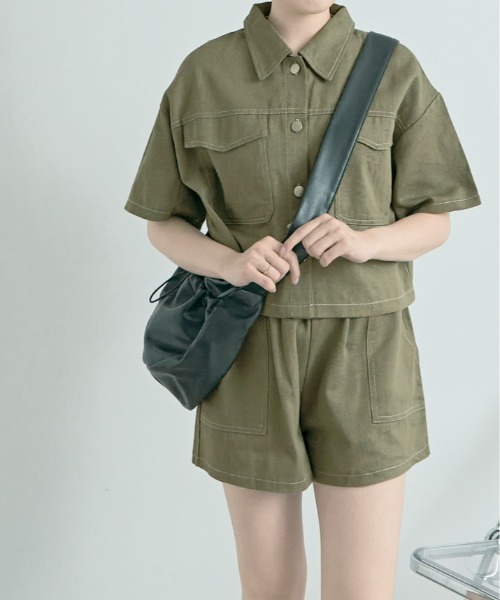 90s vintage レーヨン 半袖シャツ＋ショーツ セットアップ セール】ステッチ 半袖 シャツ ジャケット+ショートパンツ