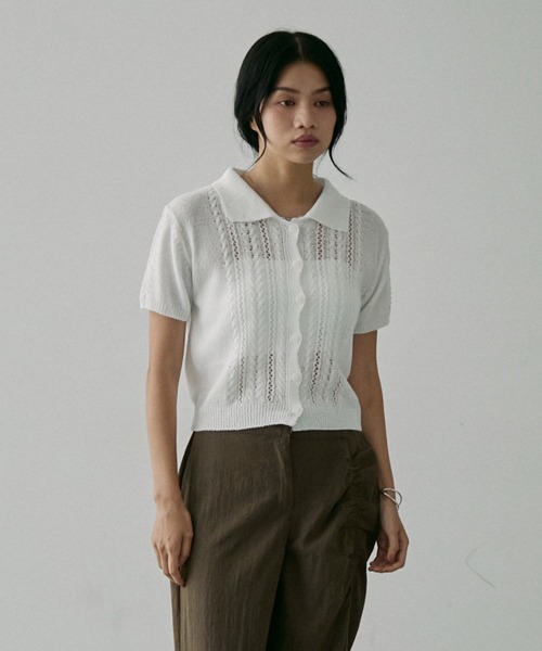 NUJOH(ヌゾ)の「Jacquard Summer Polo knit / ジャガード サマー ポロニット(ニット/セーター・レディース・イエロー/ホワイト/ベージュ・FREE)」の11枚目の写真