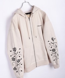 裏起毛 カットスウェード 袖 薔薇刺繍 フルジップパーカー