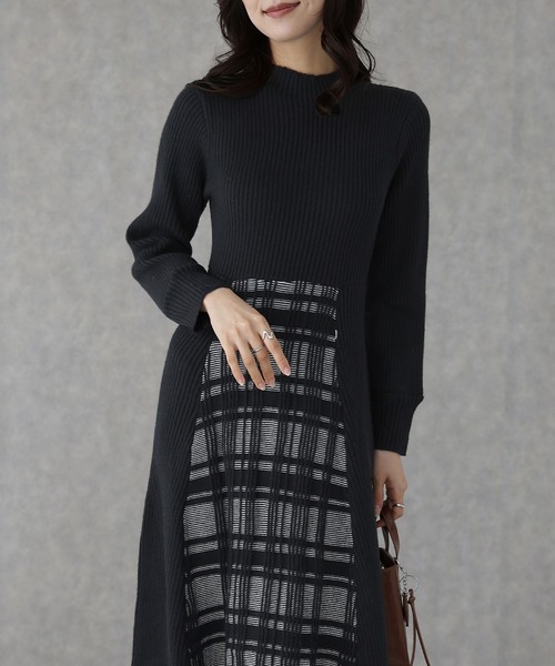 Lace Ladies（レースレディース）の「オフネック 配色 チェック柄 ロング ニット ワンピース（ワンピース・レディース・ブラウン/グレー/ブラック・S/FREE）」の5枚目の写真
