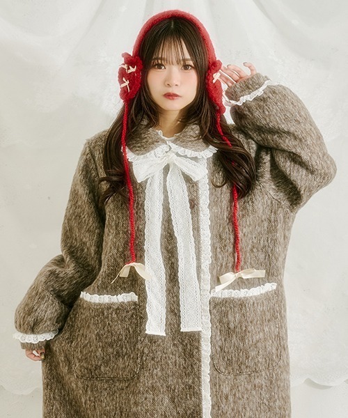 kutir【クティールとレトロ】コットンレースシャギーロングコート　グレー セール】【クティールとレトロ】コットンレースシャギーロングコート