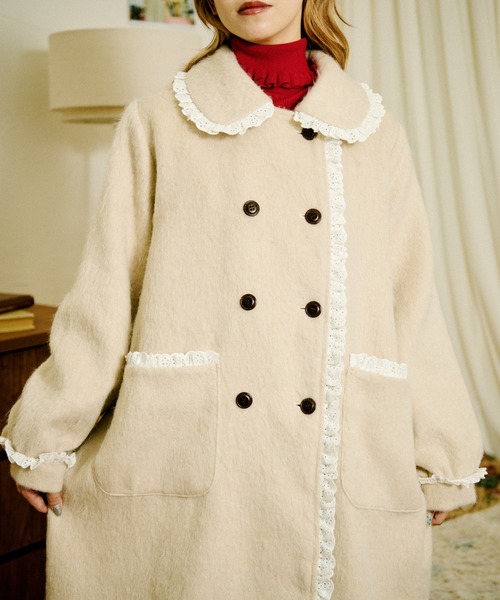 クティールとレトロ コットンレースシャギーロングコート アイボリー セール】【クティールとレトロ】コットンレースシャギーロングコート