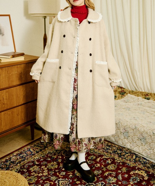 クティールとレトロ】コットンレースシャギーロングコート（ノーカラー