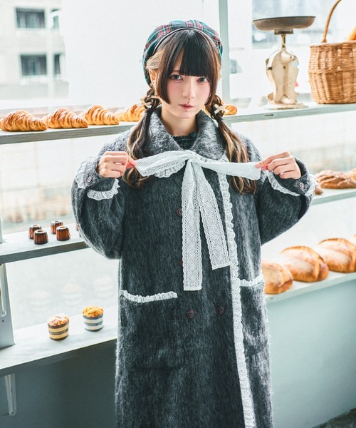 クティールとレトロ】コットンレースシャギーロングコート（ノーカラー