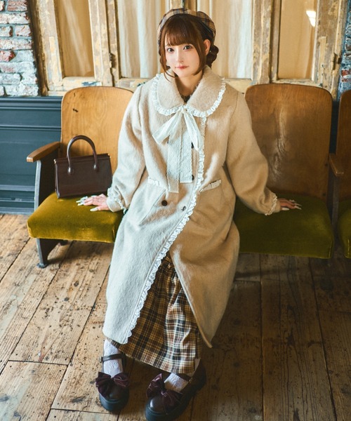 kutir【クティールとレトロ】コットンレースシャギーロングコート　グレー クティールとレトロ】コットンレースシャギーロングコート（ノーカラー