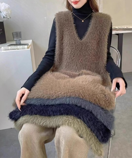 セール】ファーベスト Vネック シャギーニットベスト オフィス