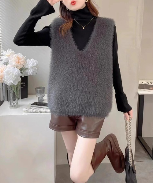 セール】ファーベスト Vネック シャギーニットベスト オフィス