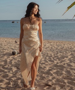 セール】フラワープリントオフショルダースリットワンピース