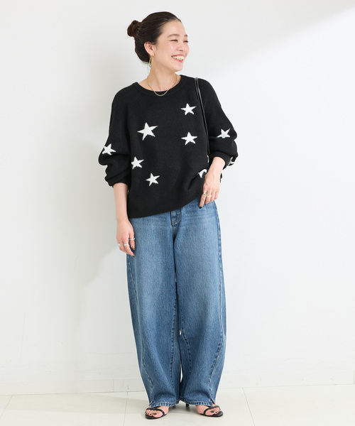 Simplicite(サンプリシテ)の「スタージャガードラグランプルオーバー(ニット/セーター・レディース・ブラック/アイボリー/グリーン・FREE)」の4枚目の写真