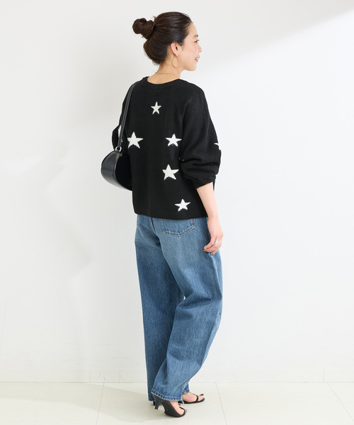 Simplicite(サンプリシテ)の「スタージャガードラグランプルオーバー(ニット/セーター・レディース・ブラック/アイボリー/グリーン・FREE)」の6枚目の写真