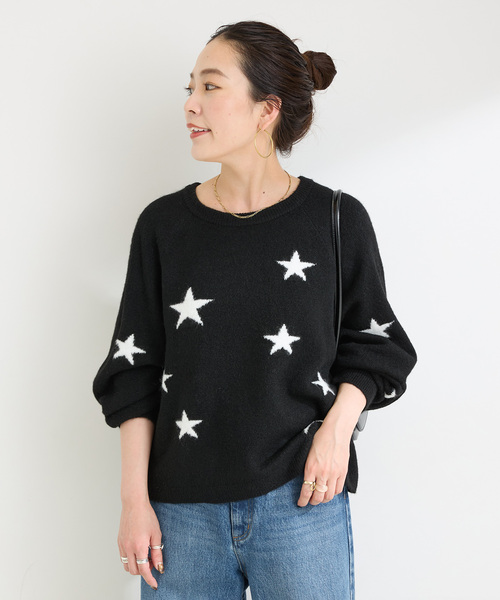 Simplicite(サンプリシテ)の「スタージャガードラグランプルオーバー(ニット/セーター・レディース・ブラック/アイボリー/グリーン・FREE)」の8枚目の写真