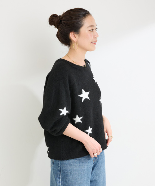 Simplicite(サンプリシテ)の「スタージャガードラグランプルオーバー(ニット/セーター・レディース・ブラック/アイボリー/グリーン・FREE)」の9枚目の写真