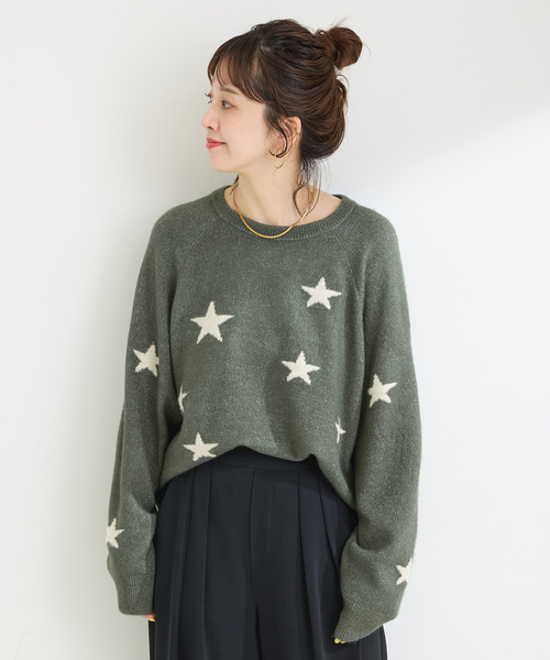 Simplicite(サンプリシテ)の「スタージャガードラグランプルオーバー(ニット/セーター・レディース・ブラック/アイボリー/グリーン・FREE)」の21枚目の写真