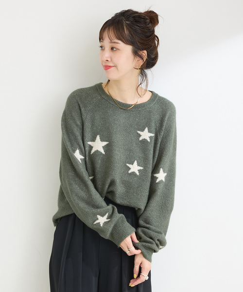 Simplicite(サンプリシテ)の「スタージャガードラグランプルオーバー(ニット/セーター・レディース・ブラック/アイボリー/グリーン・FREE)」の22枚目の写真
