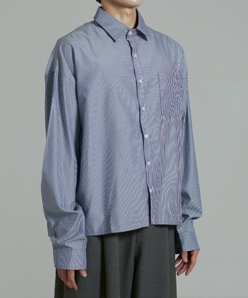 Chikashitsu +(チカシツプラス)の「【Chikashitsu +】cropped stripe shirt / 【チカシツプラス】クロップドストライプ長袖シャツ(シャツ/ブラウス・メンズ・ネイビー/ブルー/ホワイト・ONE SIZE)」の12枚目の写真