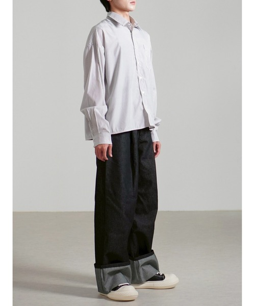 Chikashitsu +(チカシツプラス)の「【Chikashitsu +】cropped stripe shirt / 【チカシツプラス】クロップドストライプ長袖シャツ(シャツ/ブラウス・メンズ・ネイビー/ブルー/ホワイト・ONE SIZE)」の5枚目の写真