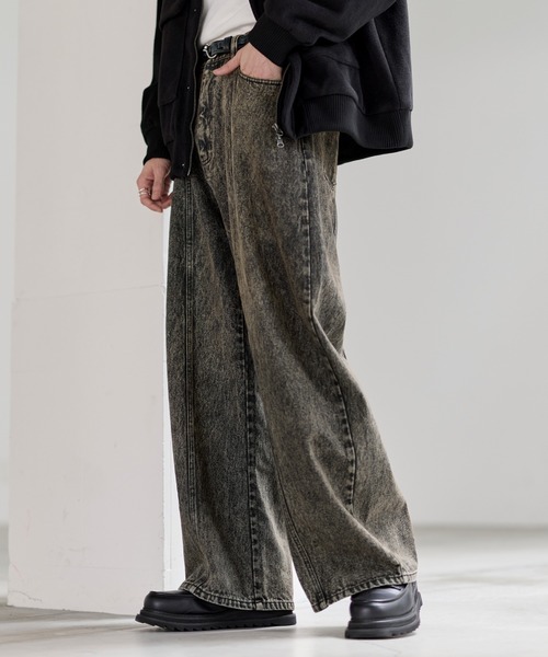 ヴィンテージ加工13ozセンターシームストレートデニムパンツ（デニム